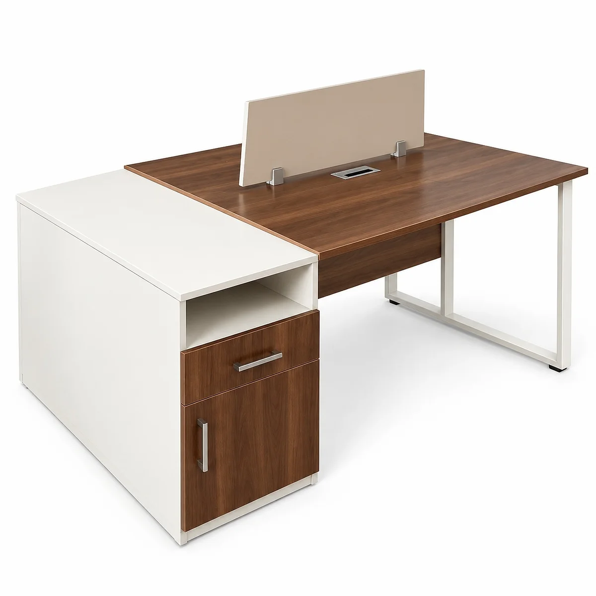 2-Way Walnut and White Workstation with Metallic Legs