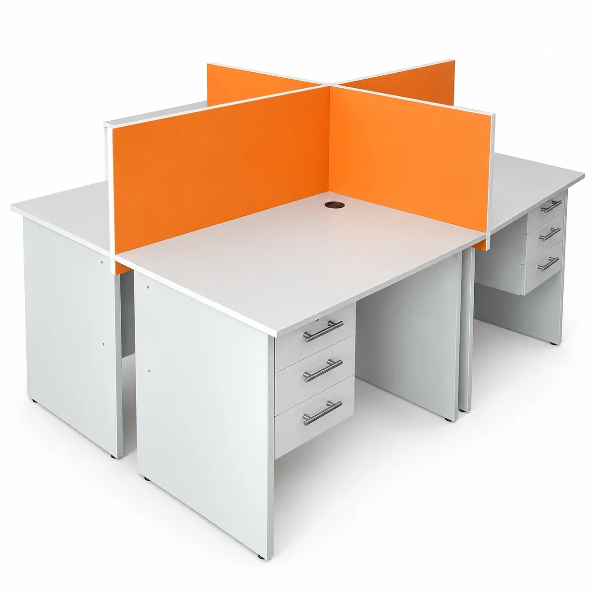 4-Way White and Orange Workstation with Fixed Drawers