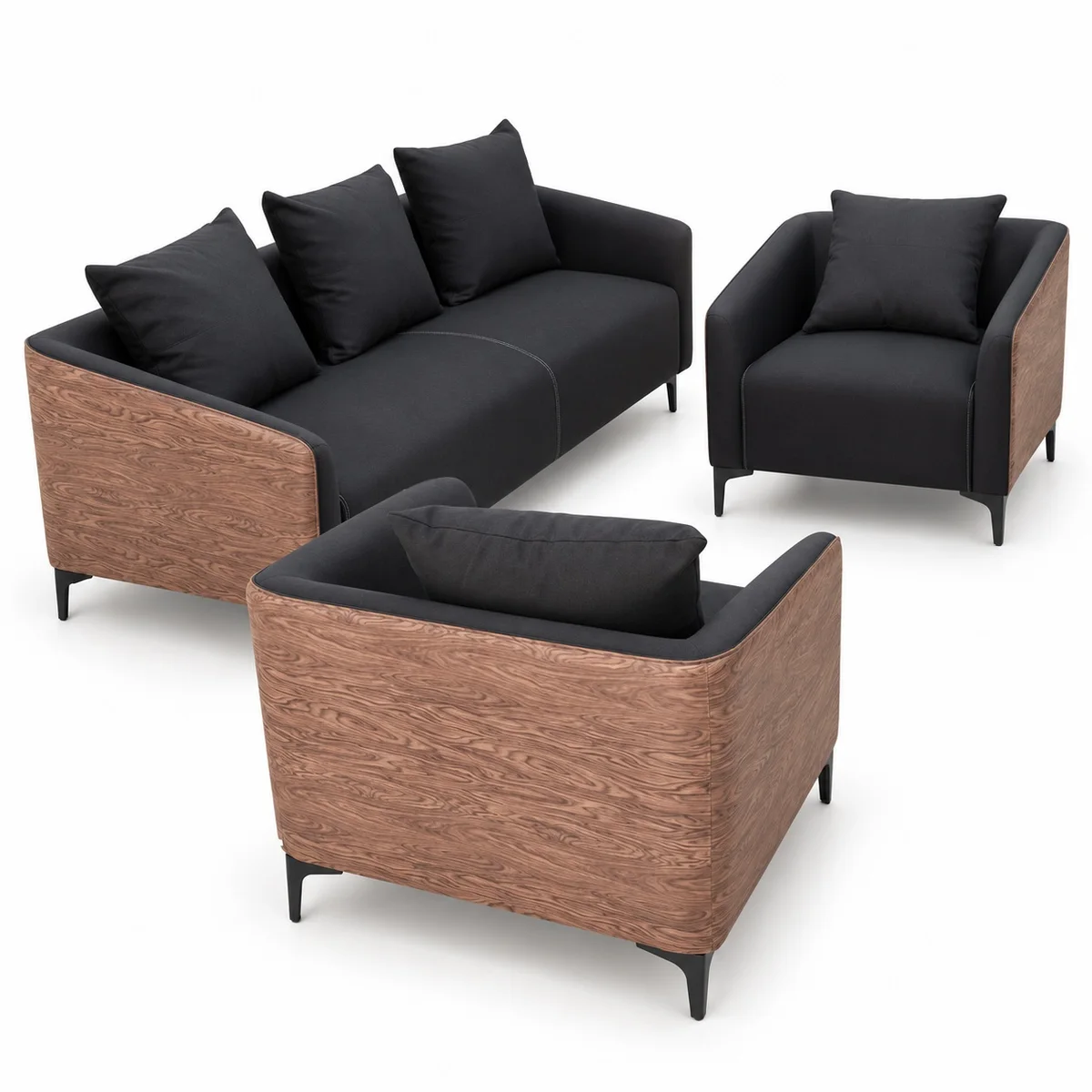 5-Seater Black Sofa Set with Wood Grain 032