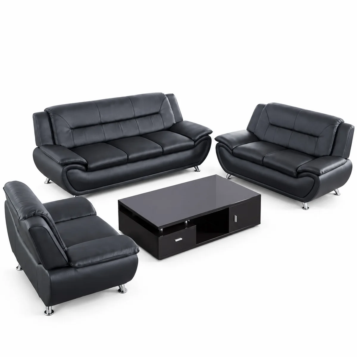 5-Seater Full Black Puffed Leather Sofa Set 010