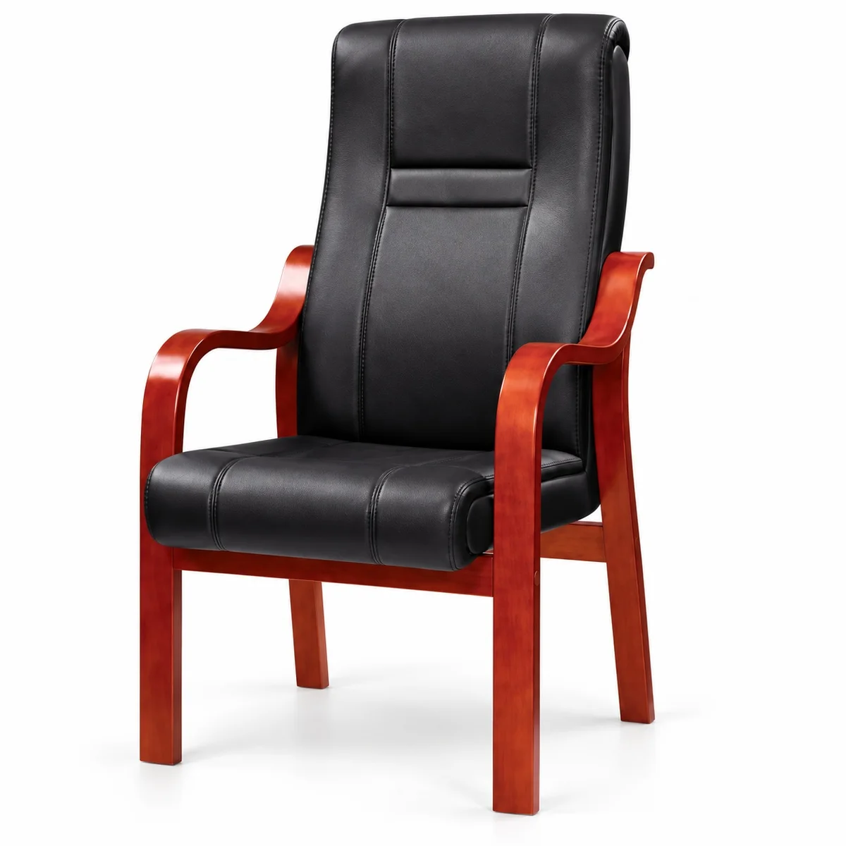 Black Leather Visitor Chair with Wooden Arms And Legs