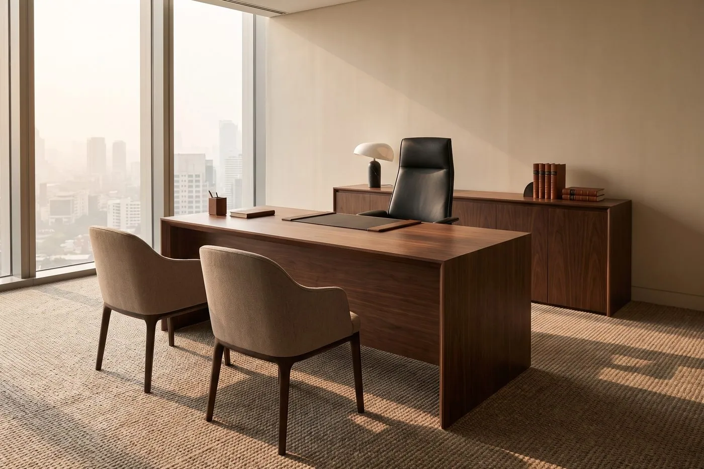 Executive office desk with a matching credenza in a bright corner office