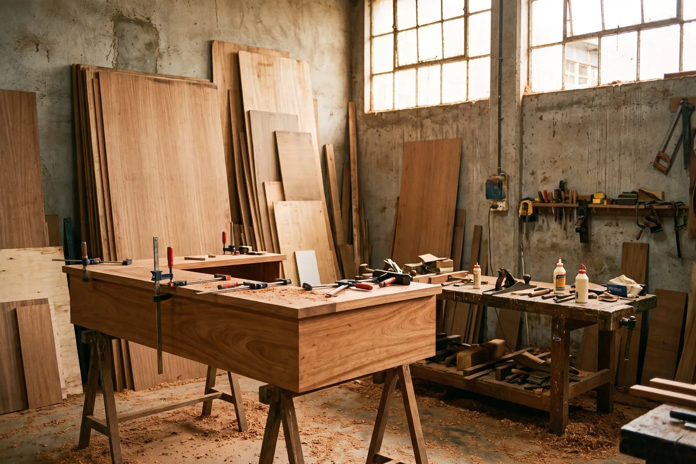 Craftsman working on a timber furniture piece in a workshop