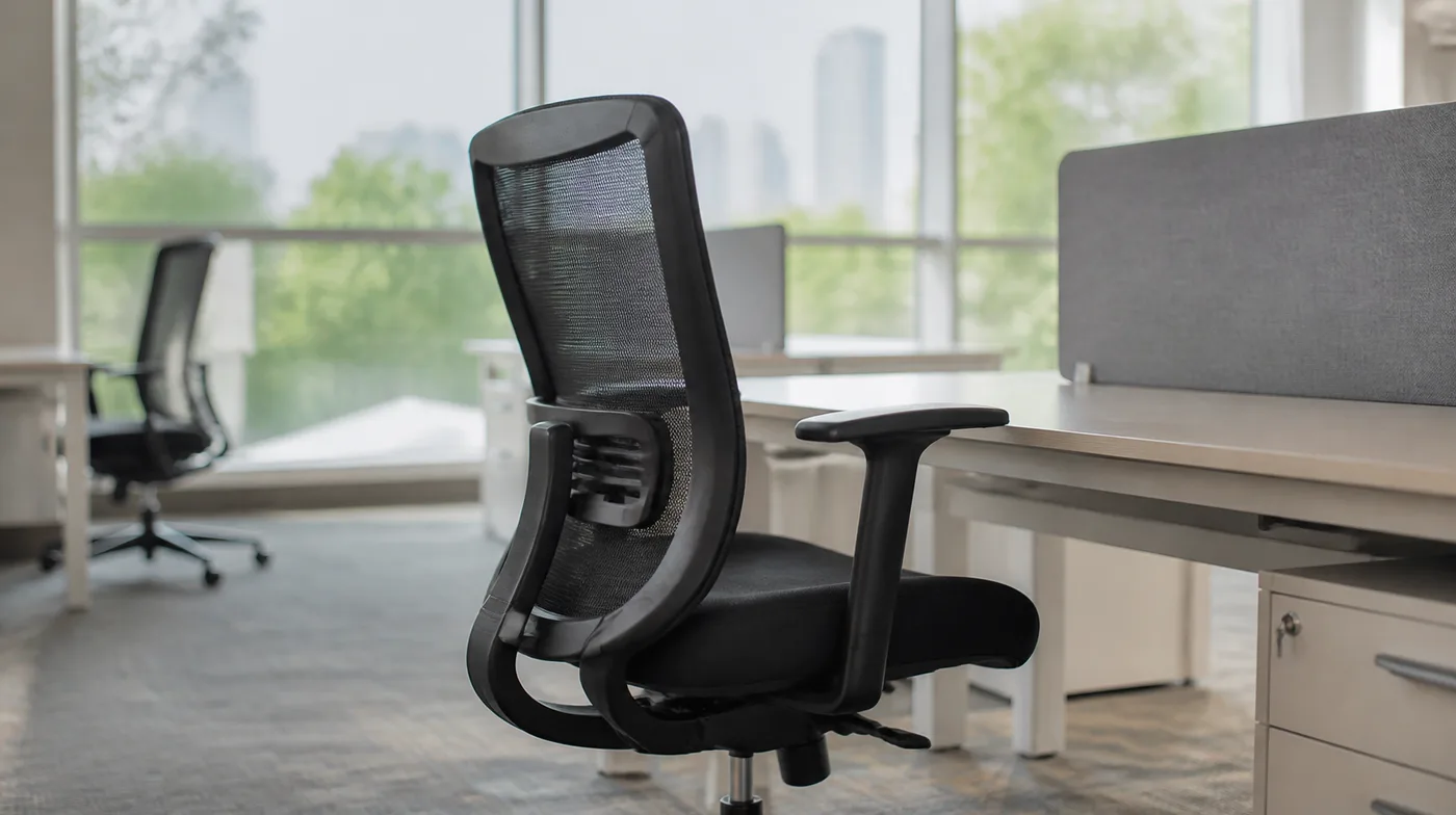A mesh-backed task chair with adjustable arms beside a desk in a bright office