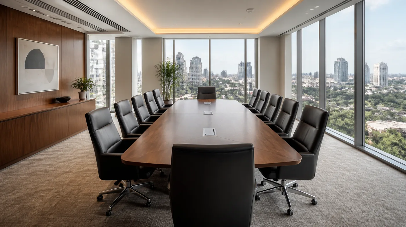 A bright boardroom with a long walnut table, leather chairs and space behind every chair