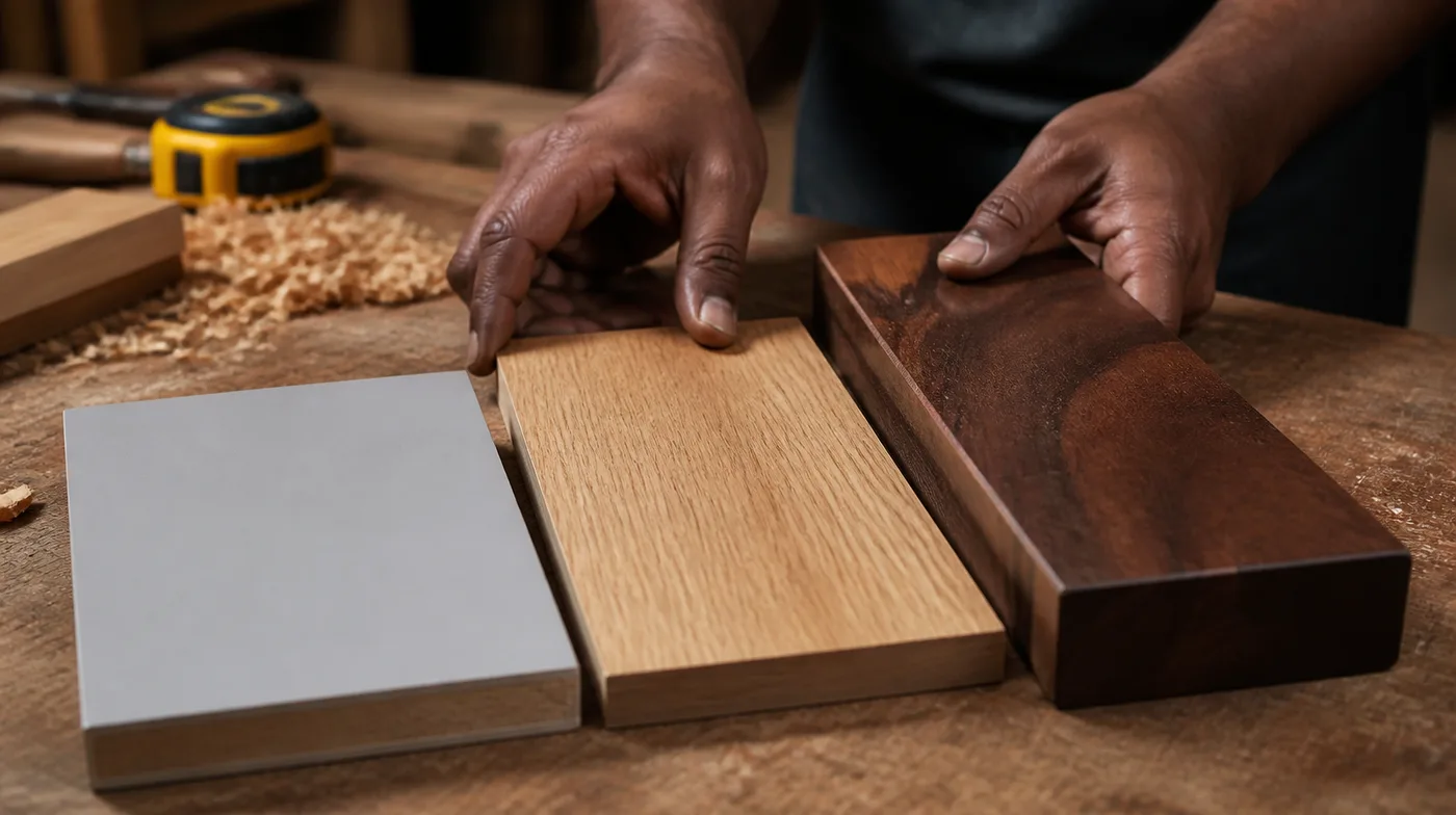 Three desk top samples on a workbench: grey laminate, oak veneer and solid dark hardwood