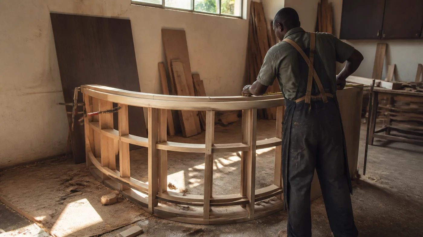 A craftsman building a curved reception counter frame in a workshop