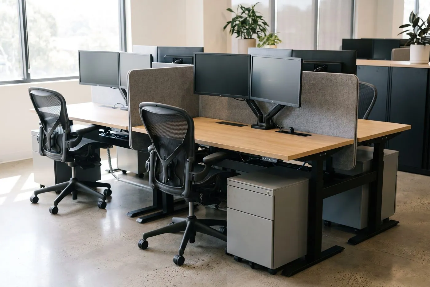 Open-plan office with rows of screened bench workstations
