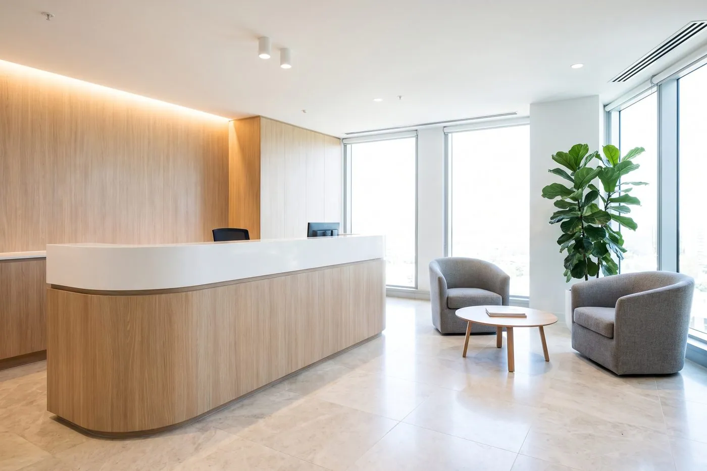 Office reception counter with waiting seating